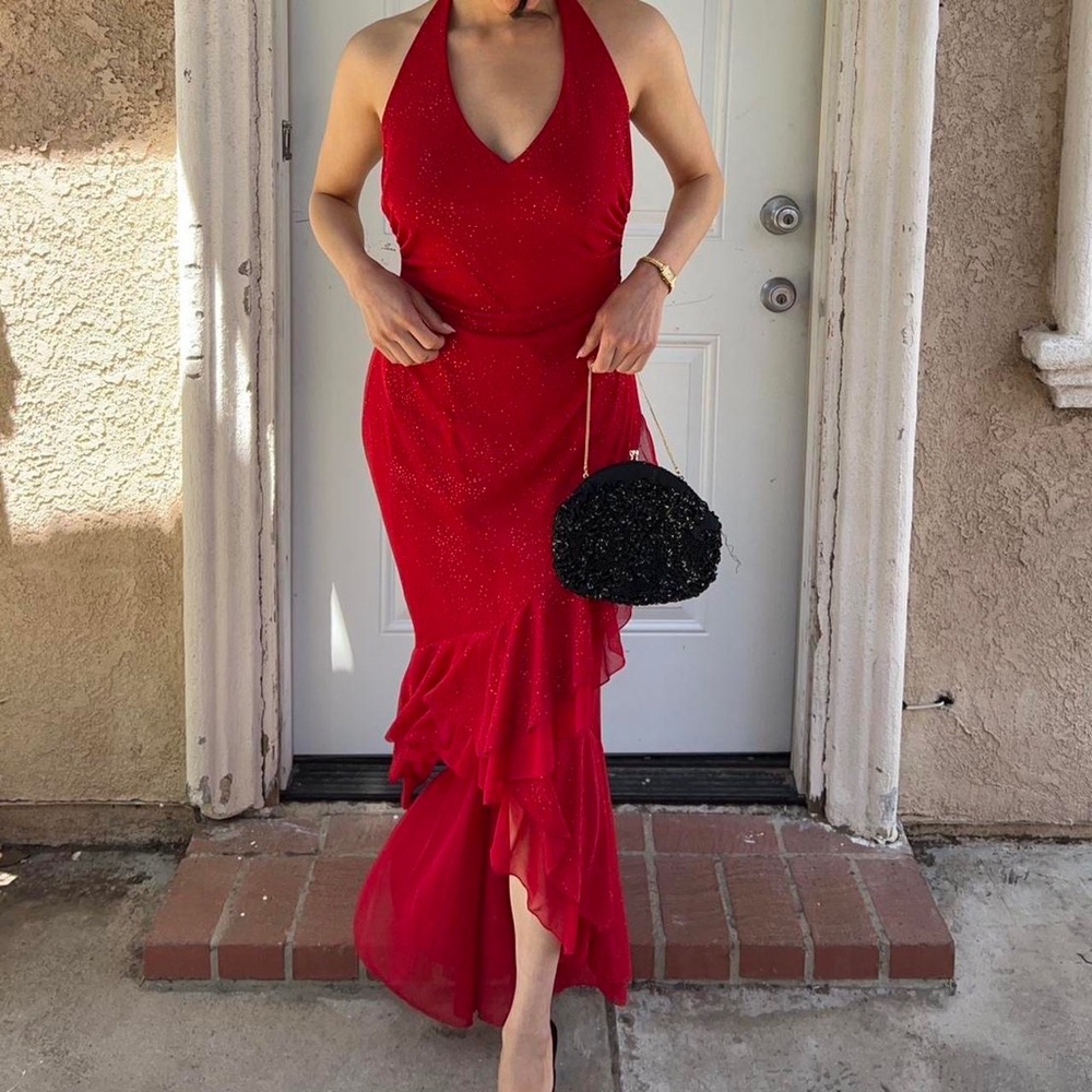 Red sparkly vintage halter dress